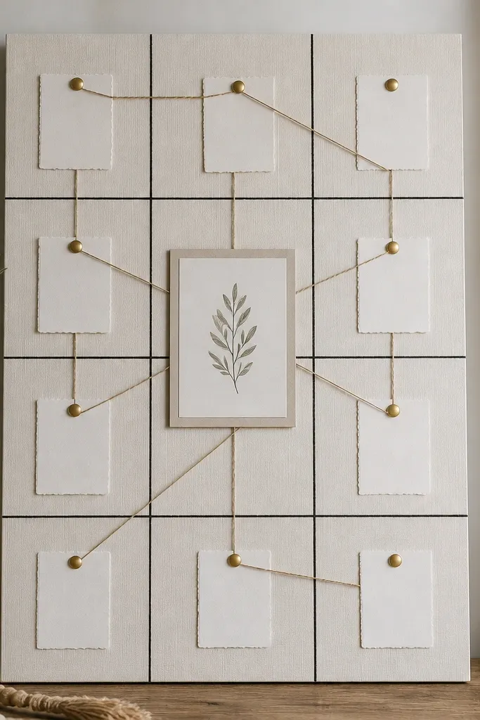 A 12x18 board covered in off-white cardstock. Washi tape forms a grid with thin black lines. A central printed verse sits in a small frame. Tiny gold pushpins connect names with a thin jute string path.