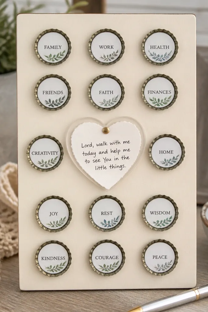 A small 10x16 board painted matte cream with a grid of bottle-cap magnets. Each bottle cap holds a mini printed label like FAMILY, WORK, and HEALTH. A centerpiece has a small acrylic heart holding a handwritten prayer prompt.