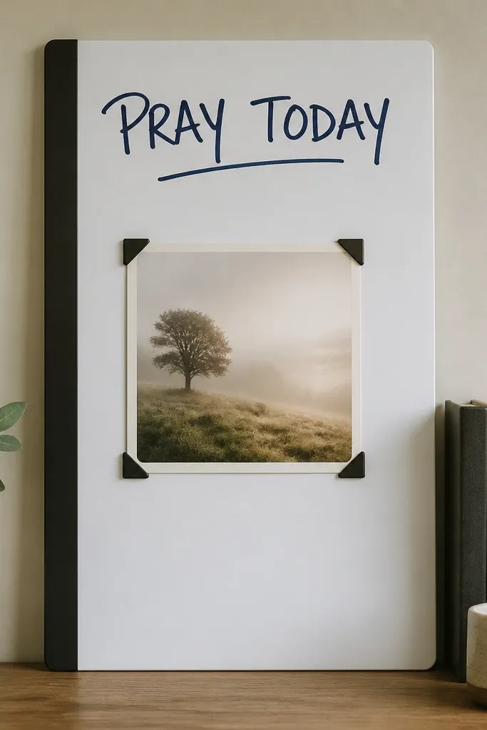 A 12x18 board with a smooth white surface. Along the left edge is a vertical magnetic strip. Four small photo clip corners hold a central card. A handwritten navy title reads PRAY TODAY at the top.