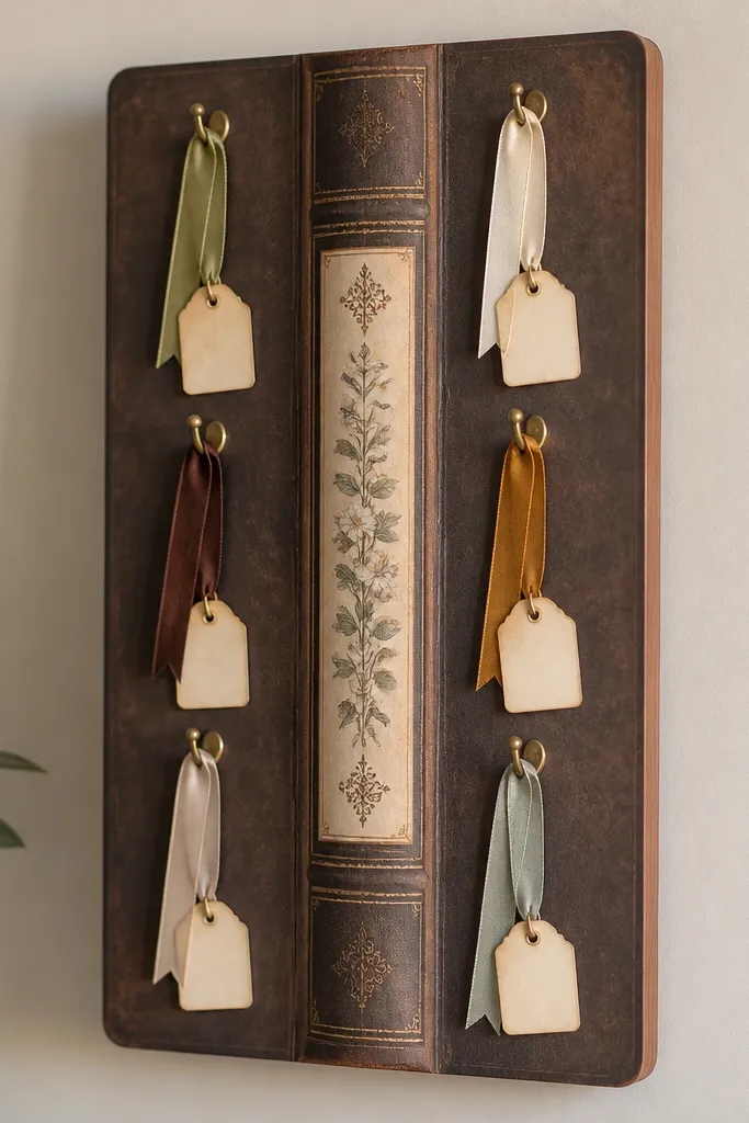 A 12x18 board made to look like a closed book spine. A vertical spine panel runs down the center with a printed verse strip. Several ribbon bookmarks hang from small hooks, each with a tiny note tag.