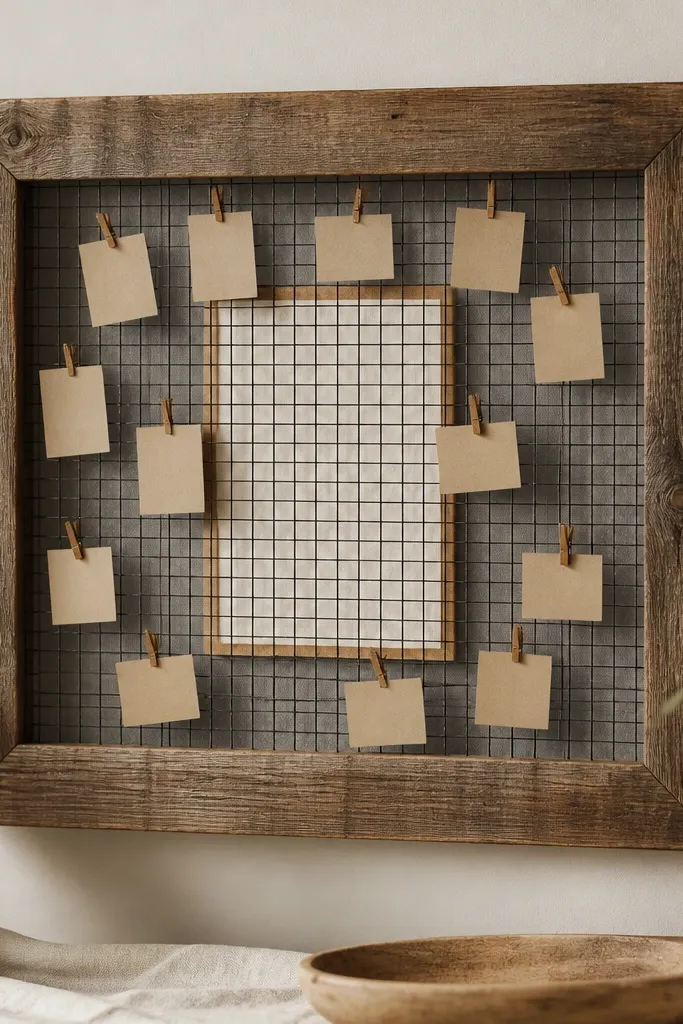 A large reclaimed wooden picture frame turned into a 12x18 prayer board. Inside is stretched black metal mesh. Small kraft name tabs hang from the mesh using mini clothespins. A center verse card sits behind the mesh with a thin wood spacer.