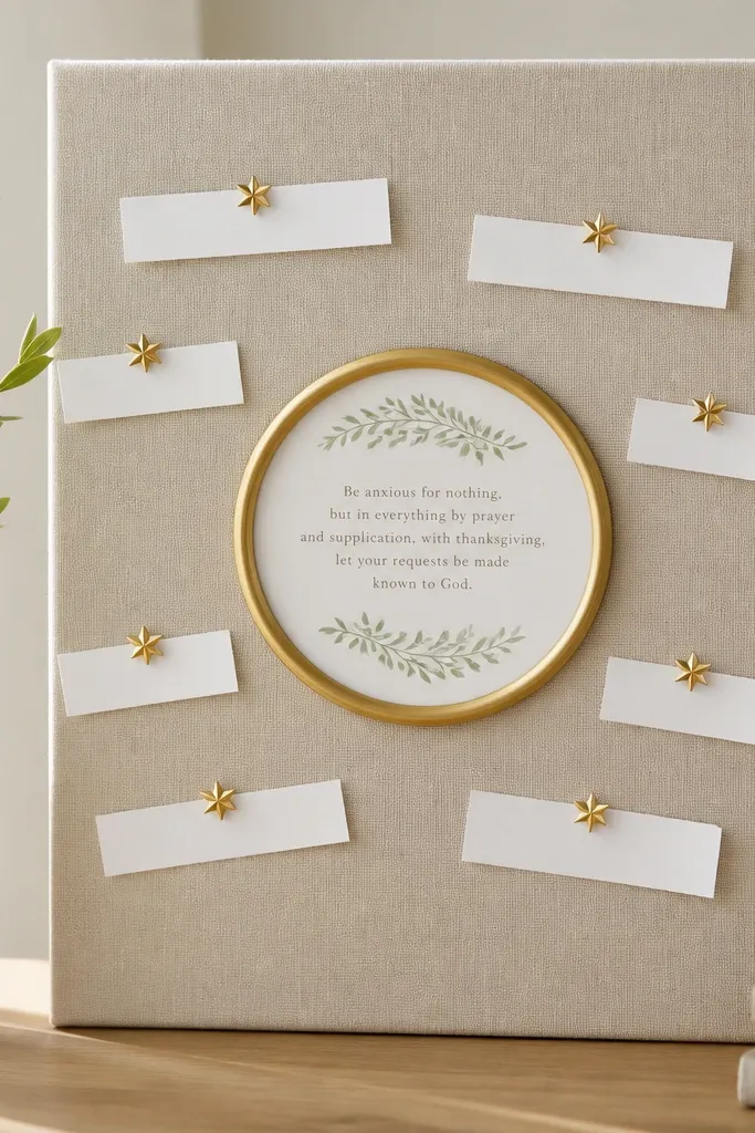 A 12x18 board wrapped in light beige linen. The center has a circular gold frame with a printed verse. Around it are small gold pushpins shaped like stars holding thin white prayer slips.