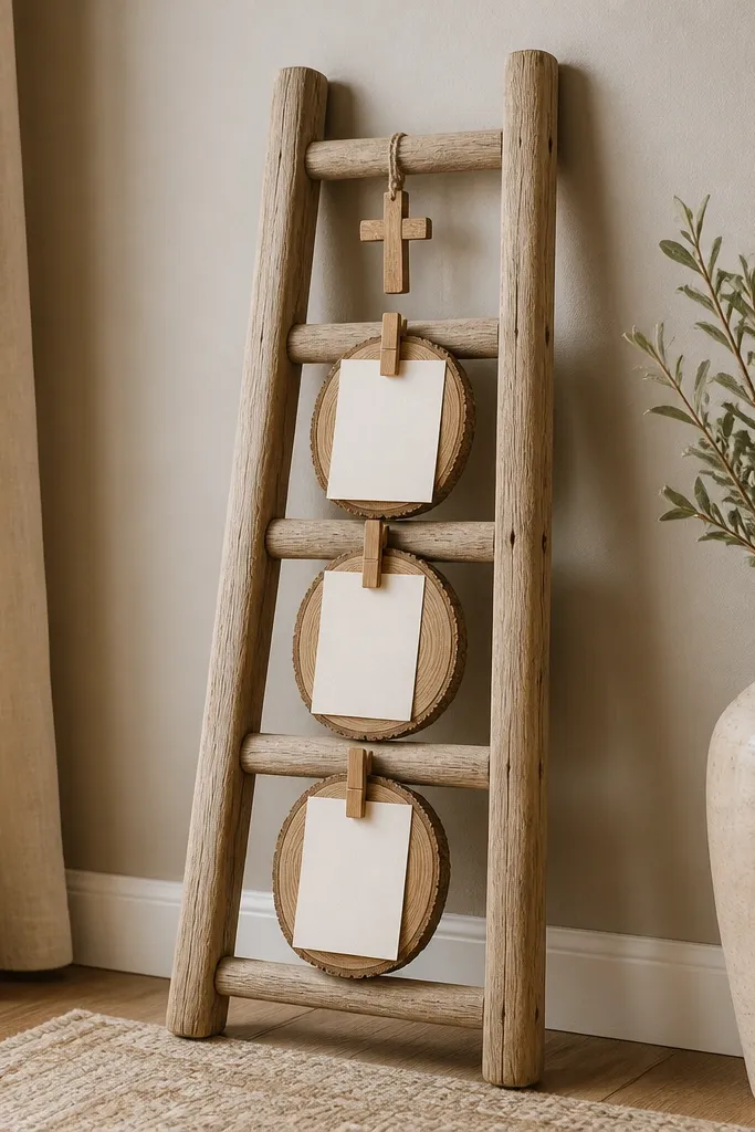 A small wooden ladder leaning against the wall. Three rungs hold mini clipboards made from wood slices. Each clipboard has a card clipped with a clothespin, and the top rung holds a small cross charm.