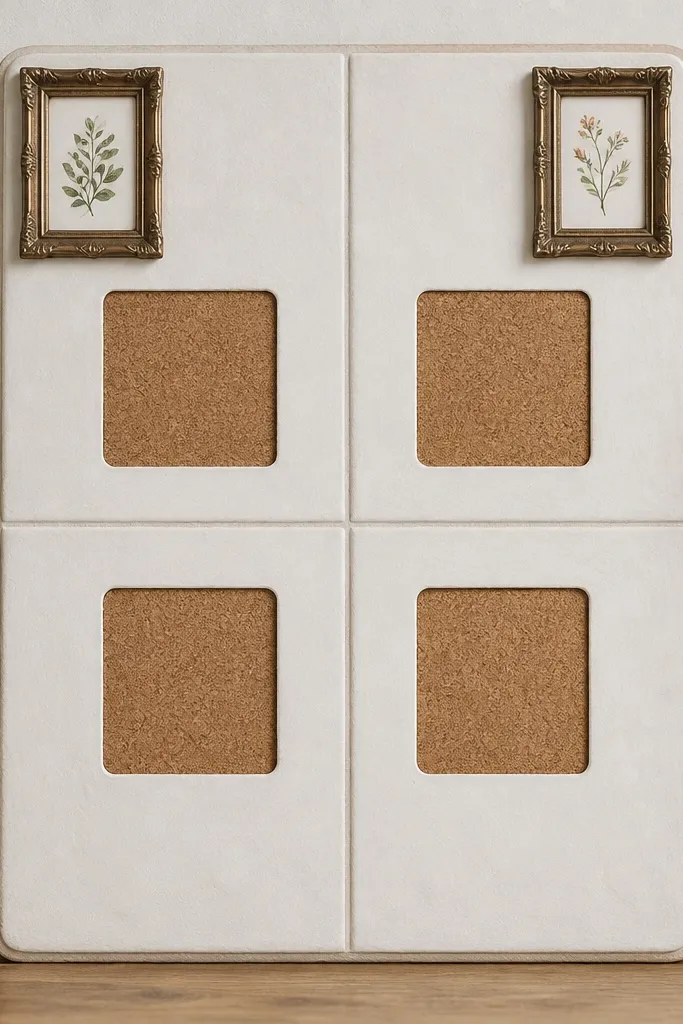 A 12x18 board made from four ceramic tiles arranged in a grid. Each tile area has a small cork insert. Mini frames sit at the top corners with printed verses. The background is painted matte white, and the edges are sealed with grout-colored caulk.