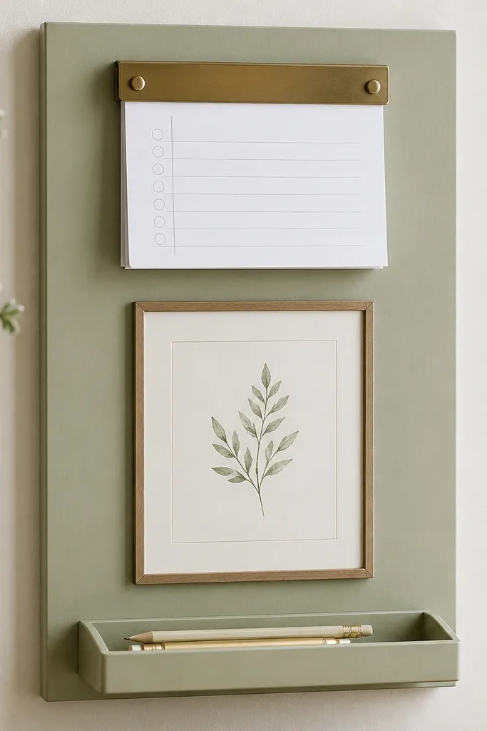 A 12x16 board painted light sage. On the top is a magnetic clipboard strip holding a stack of small checklist cards. The center has a printed verse in a simple frame. The bottom holds a small tray for a pen and pencil.