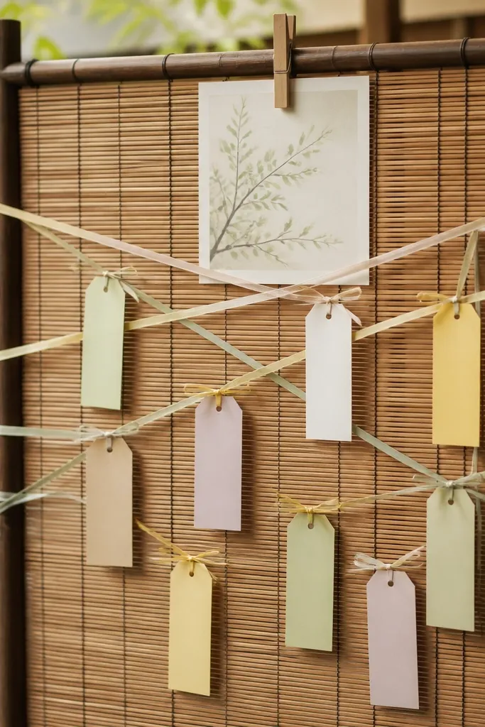 A bamboo mat stretched over a simple frame. Thin ribbons crisscross near the center, and prayer tags are tied on with small bows. A small printed verse card is pinned at the top with a wooden clip.
