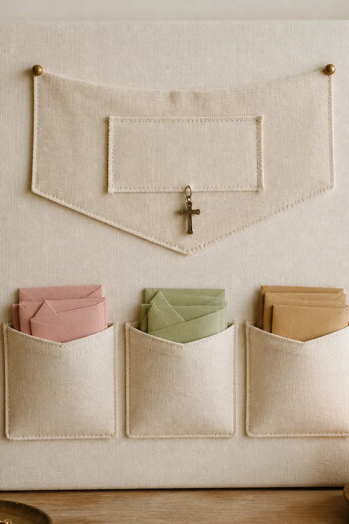 A board covered in cream fabric with three apron pockets stitched on the front. Each pocket holds mini envelopes in different colors. A banner at the top has a sewn-on patch that reads PRAY DAILY, with a small cross charm hanging from it.
