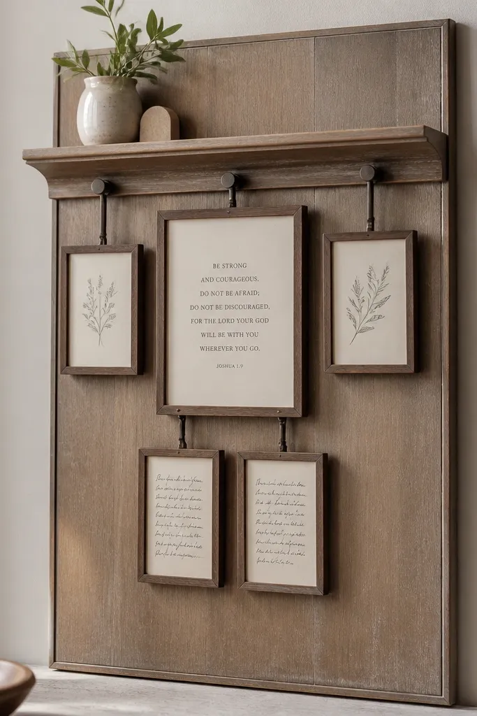 A 12x18 board with a picture rail shelf at the top. Several mini frames hang from the rail and slide left or right. The center frame holds a printed scripture card, and smaller frames beneath hold handwritten notes on cream paper.