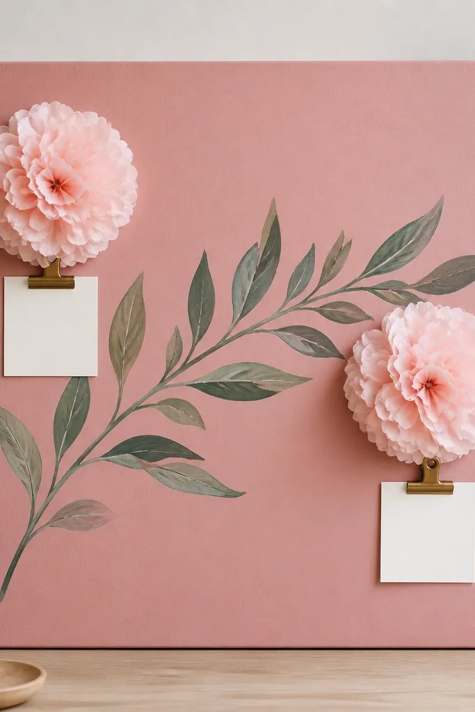 A 14x18 board painted dusty rose with a hand-painted sage branch across the center. Layered tissue paper flowers sit at the branch ends. Small note cards are pinned under tiny brass clips near each flower.