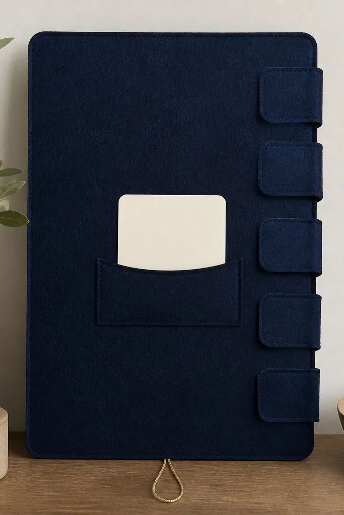 A 12x18 board covered in deep navy felt. On the right side are flip tabs made from felt with stitched edges. The center has a small felt pocket seam that holds a verse card. A thin gold cord loop hangs at the bottom.