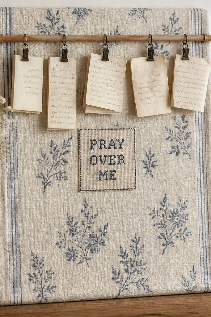 A 12x18 board covered with a vintage-style kitchen towel. A small wooden rod runs across the top, and mini clips hang from it holding folded prayer notes. A small center patch reads PRAY OVER ME with a stitched font look.