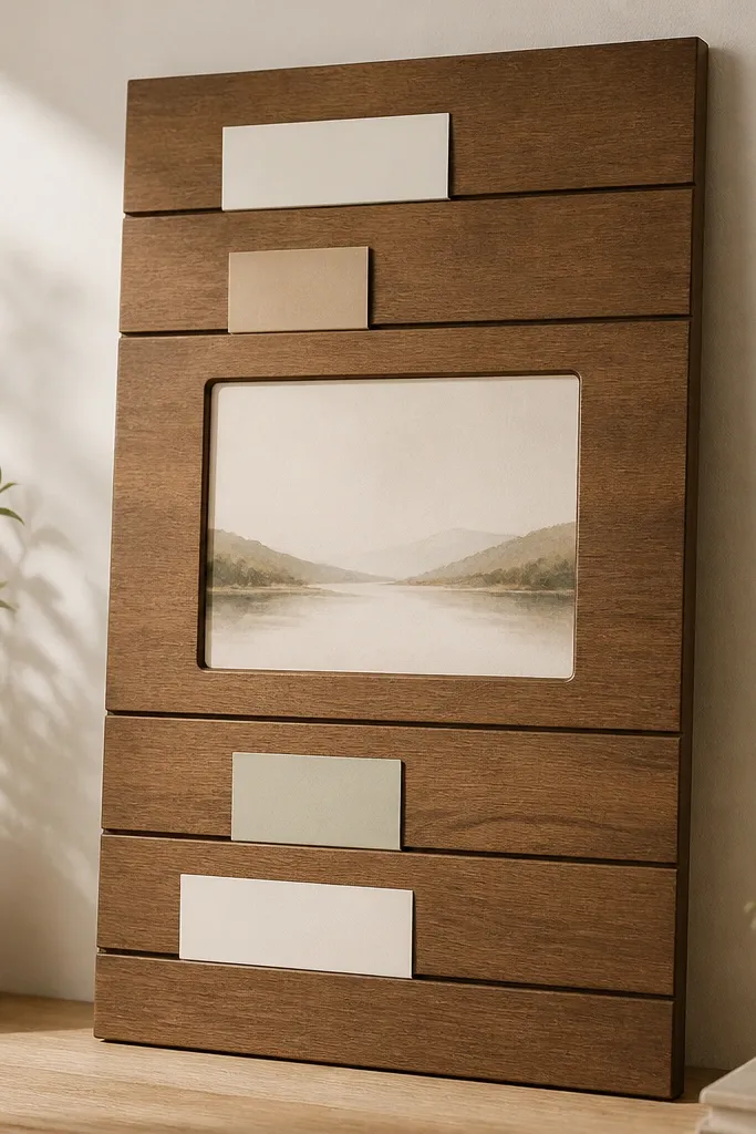 A 11x17 thin wood panel with shallow routed channels running horizontally. Cards slide into the channels like rails. The center has a routed rectangle with a printed verse insert. The board is stained mid-tone and finished matte.