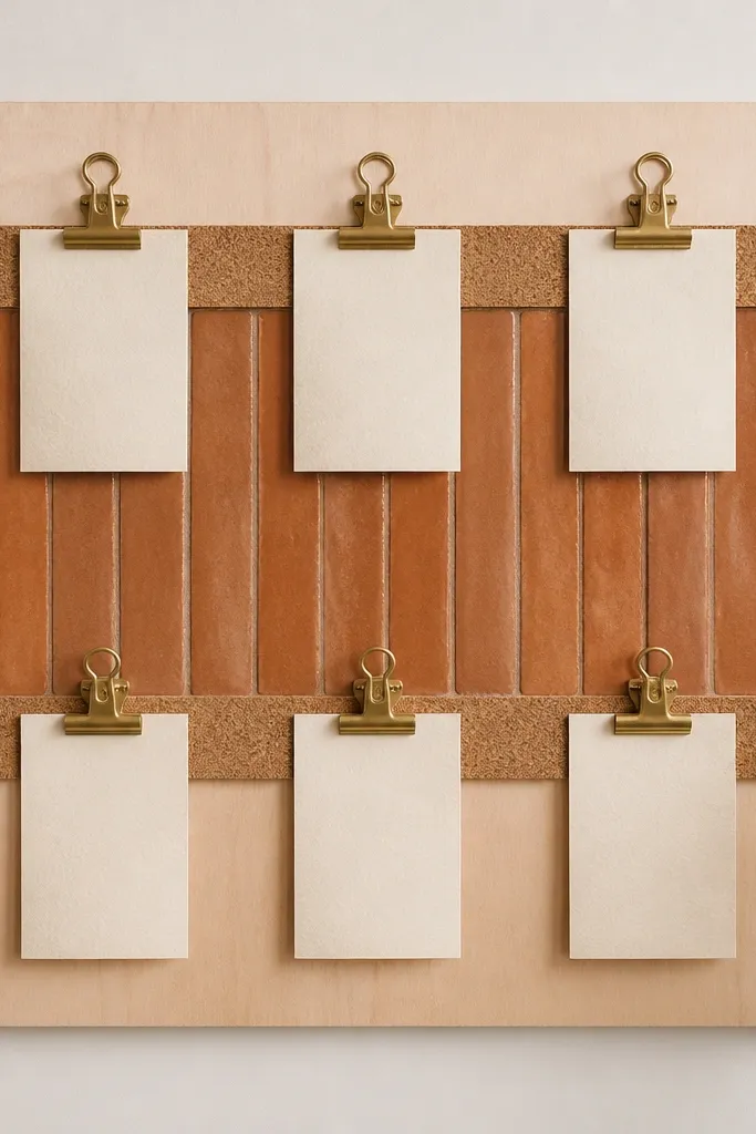 A 12x18 board with a terracotta clay tile strip across the center. A narrow cork strip runs above and below the tile. Brass binder clips hold cream prayer cards on the cork edges.