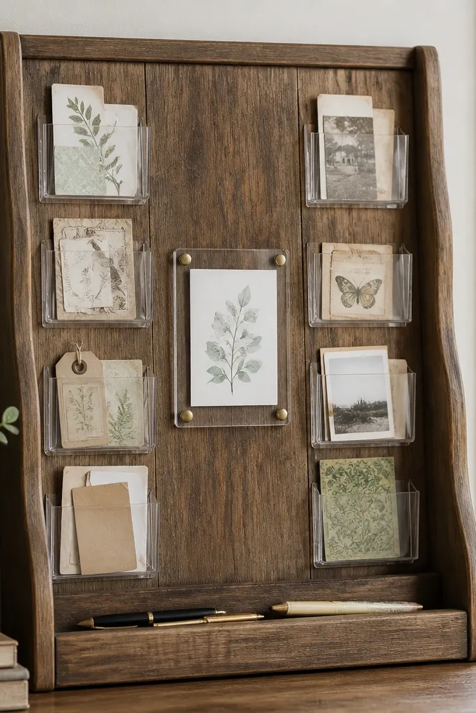 A 12x18 board made from an upcycled wooden magazine holder. Multiple clear pocket strips are attached in a vertical column. The center has a small printed verse card behind a clear cover, and the bottom holds a shallow tray for pens.