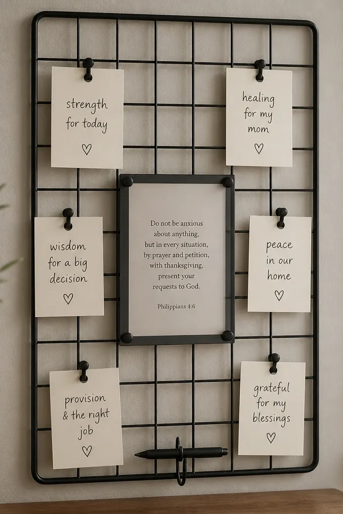 A 12x18 matte black metal grid panel. Several small pegs hold cream cards with black handwritten requests. A center rectangle has a printed verse behind a thin clear cover. The bottom has a small hook for a pen.