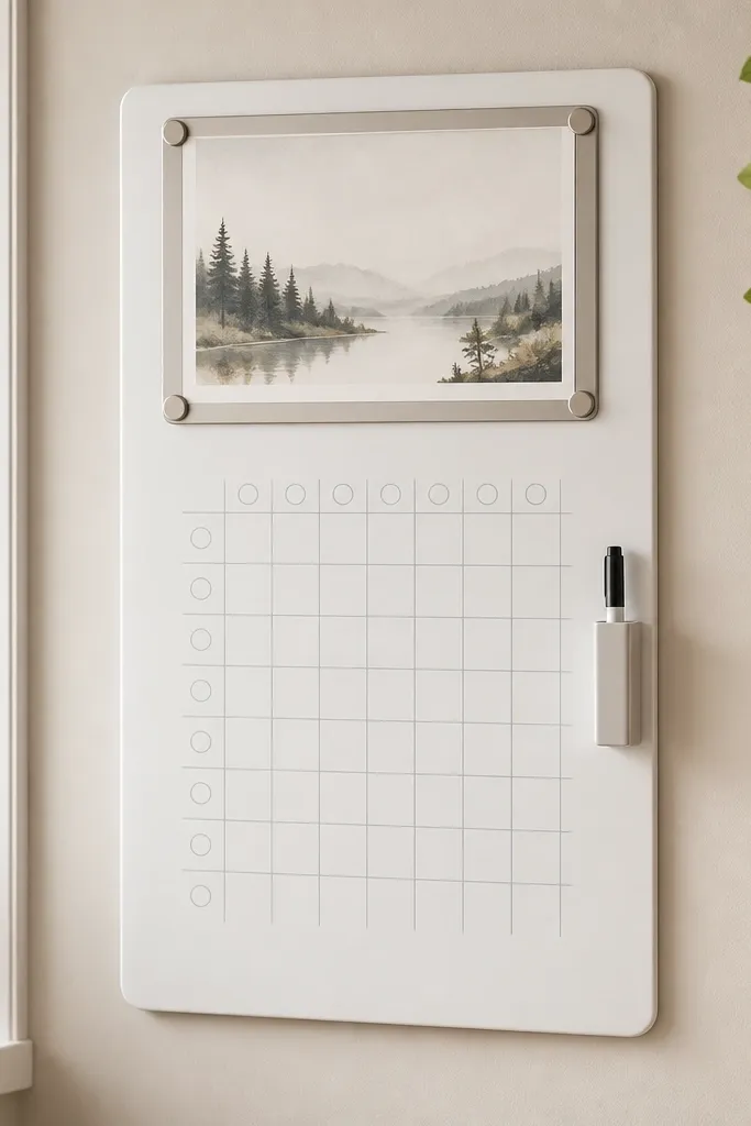 A 12x20 whiteboard panel with a magnetic frame around a printed verse card at the top. The rest of the board has a mini checklist grid drawn in light gray marker. A small magnetic pen holder sits at the side.
