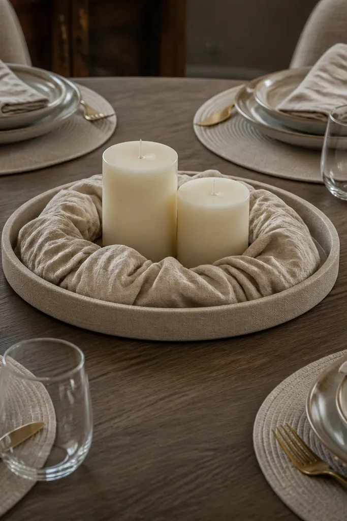 Beige linen ring under a shallow tray with two short white candles