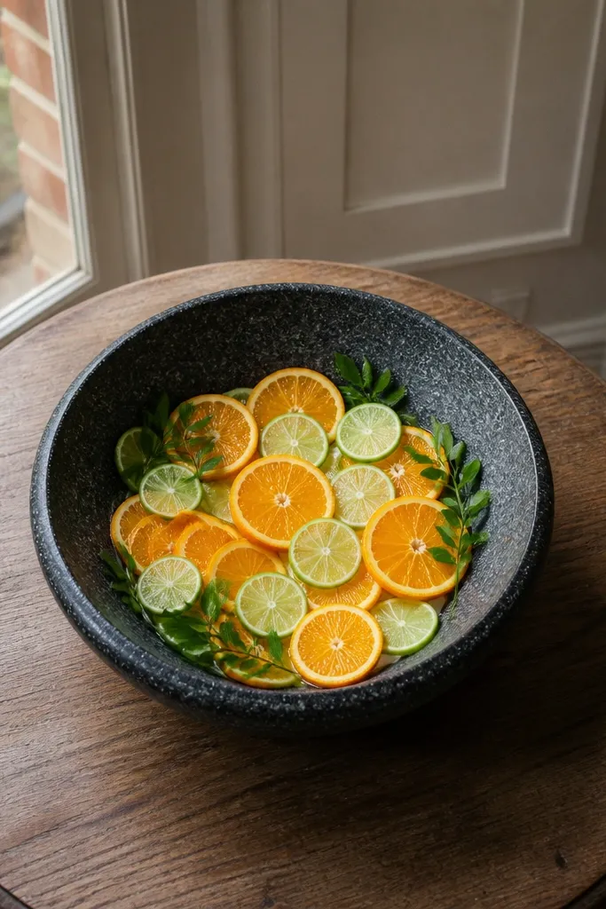 Matte dark bowl filled with oranges and small green sprigs