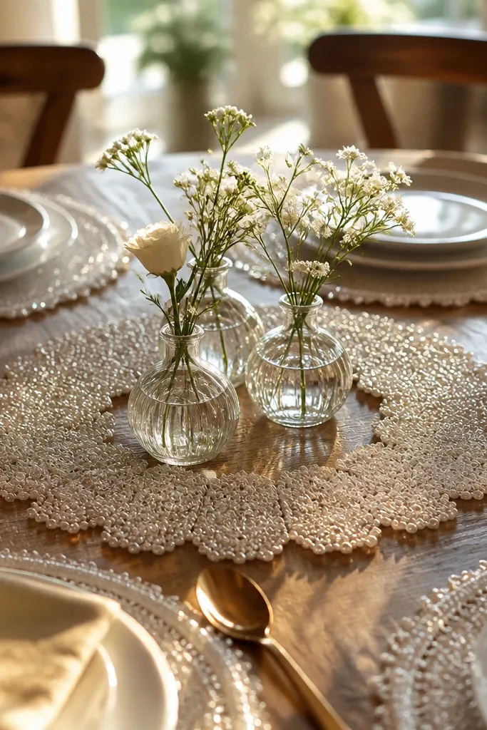 Beaded placemat with three small glass vases and a few stems