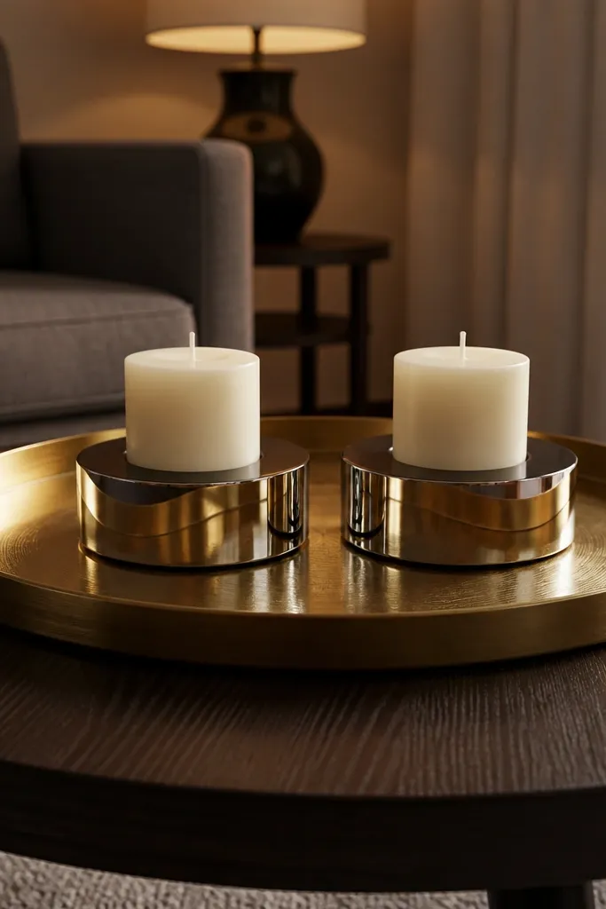 Gold tray with two mirrored candle holders and small greenery