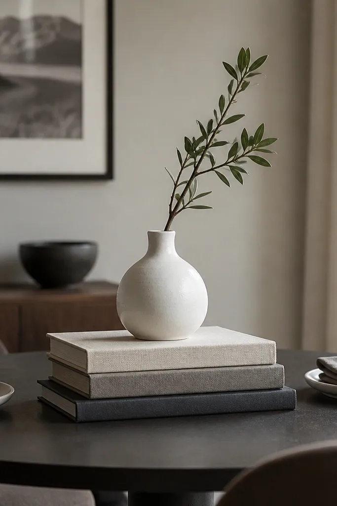 Two small books stacked with a ceramic vase and a single stem