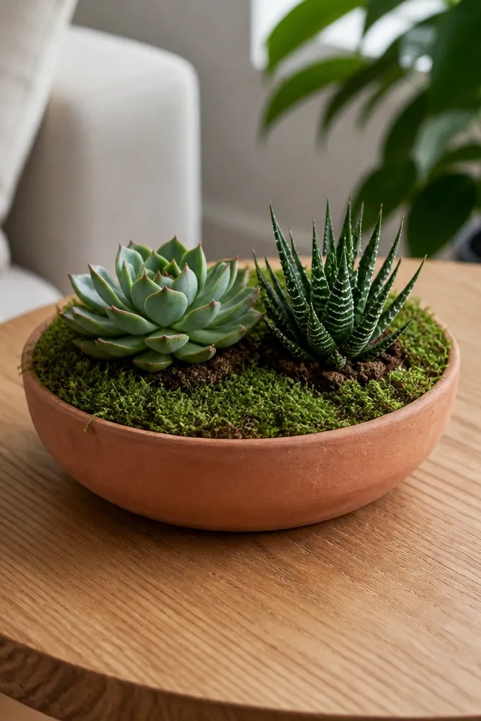 Small terracotta planter with moss and two mini succulents