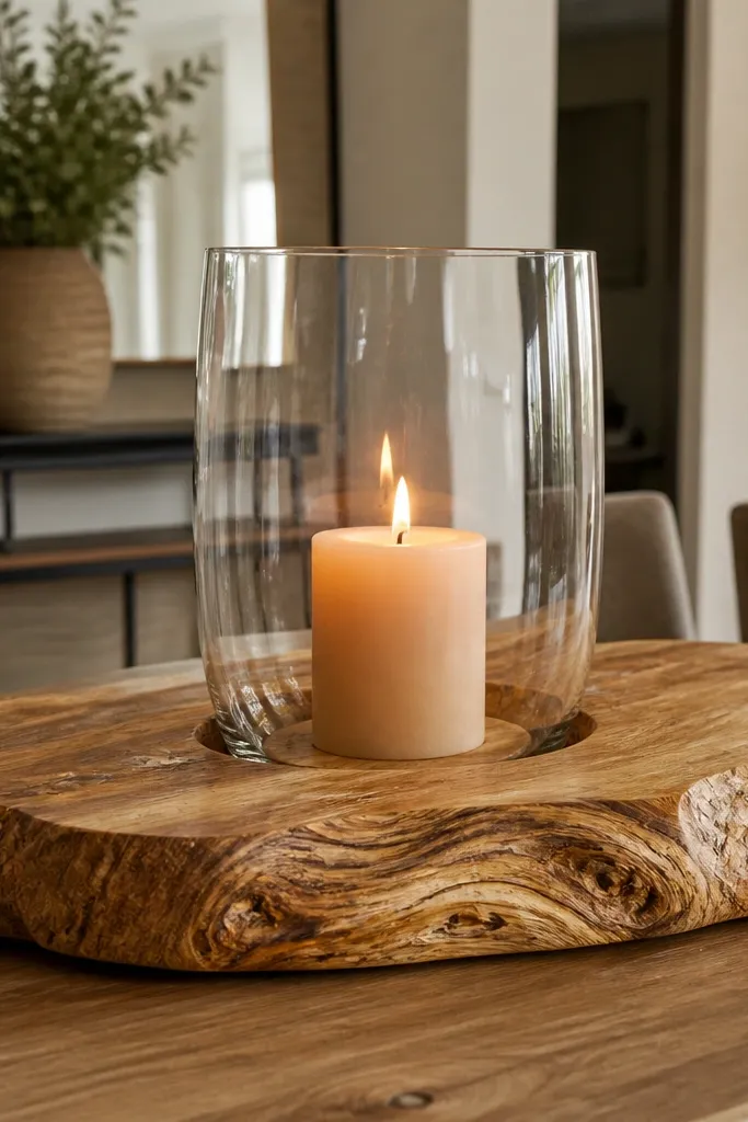 Small wood slab with a clear glass hurricane holding a candle