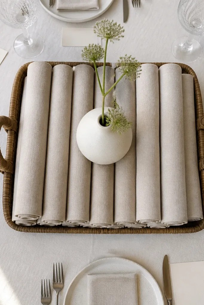 Rolled beige linen napkins on a tray with a small vase in the center