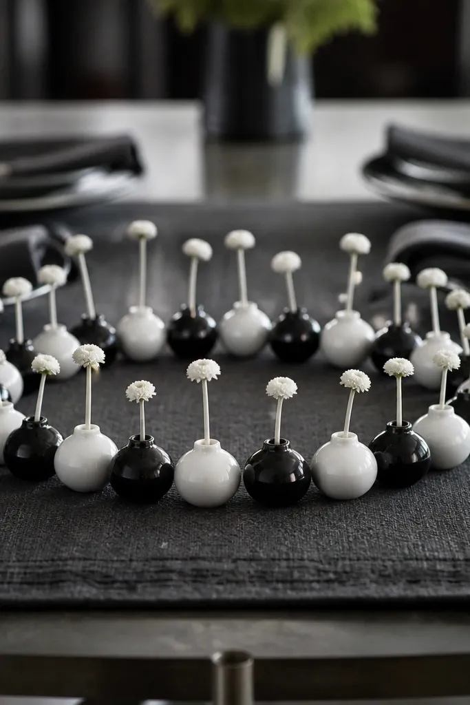 Three black and white bud vases arranged in a ring with tiny stems