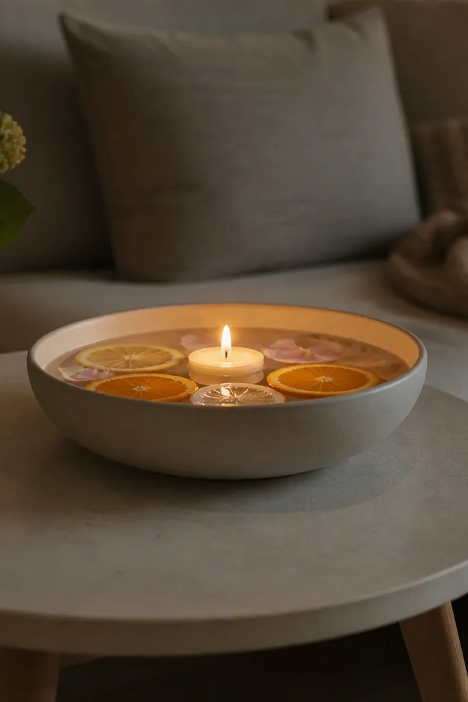 Shallow bowl of water with a floating candle and a few petals