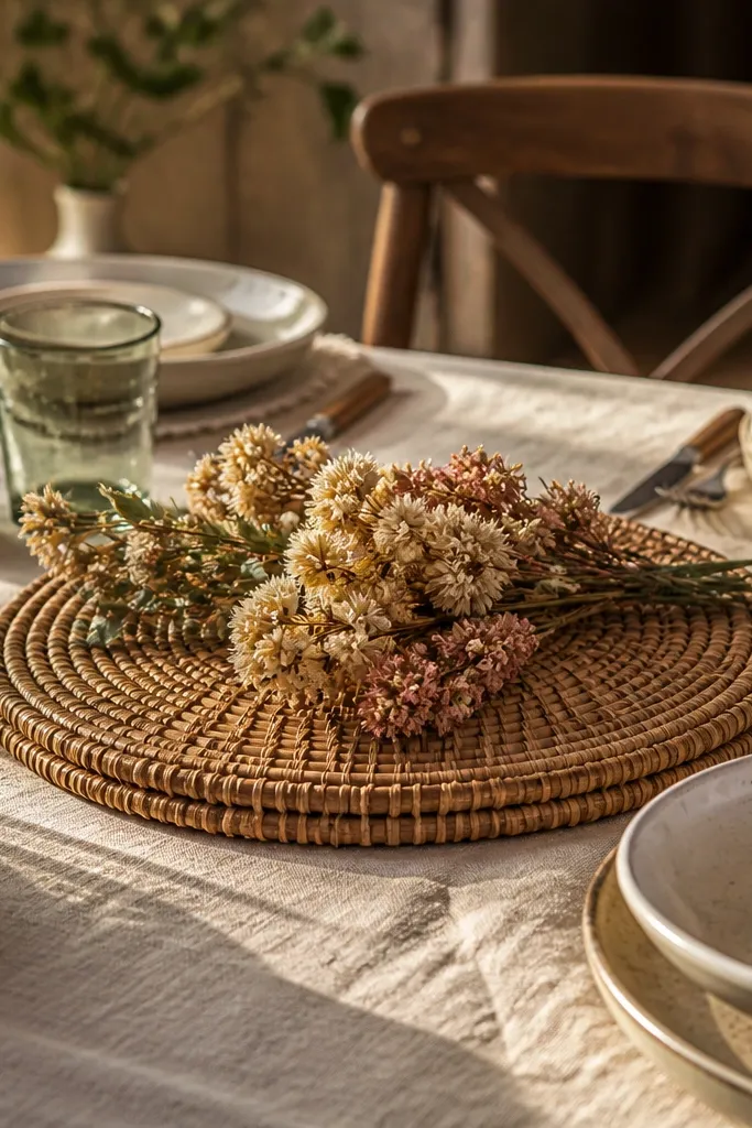 Woven rattan charger with dried flower bunches in a small cluster