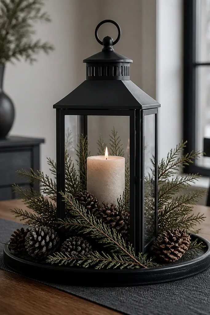 Black lantern filled with faux cedar and pine cones