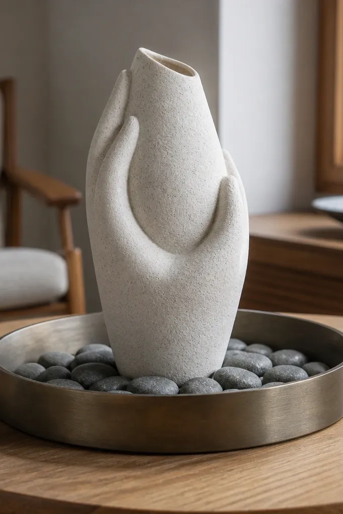 Small tray with one sculptural ceramic piece and a few pebbles