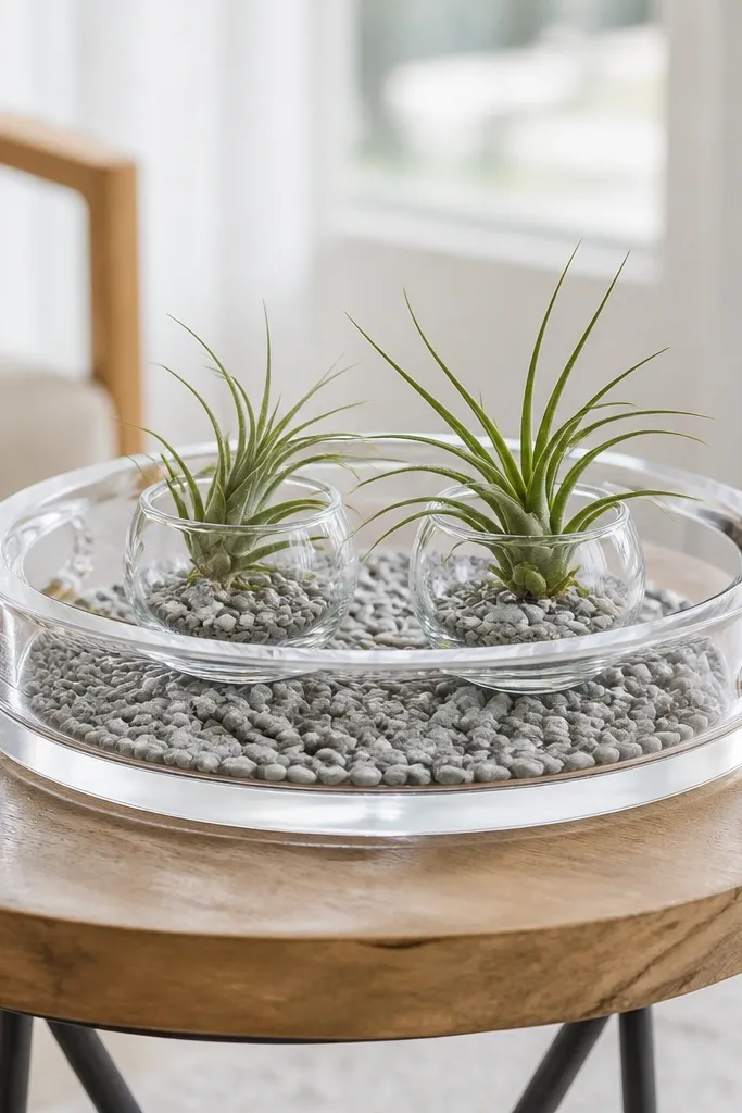 Clear tray with three air plants in small holders and gravel
