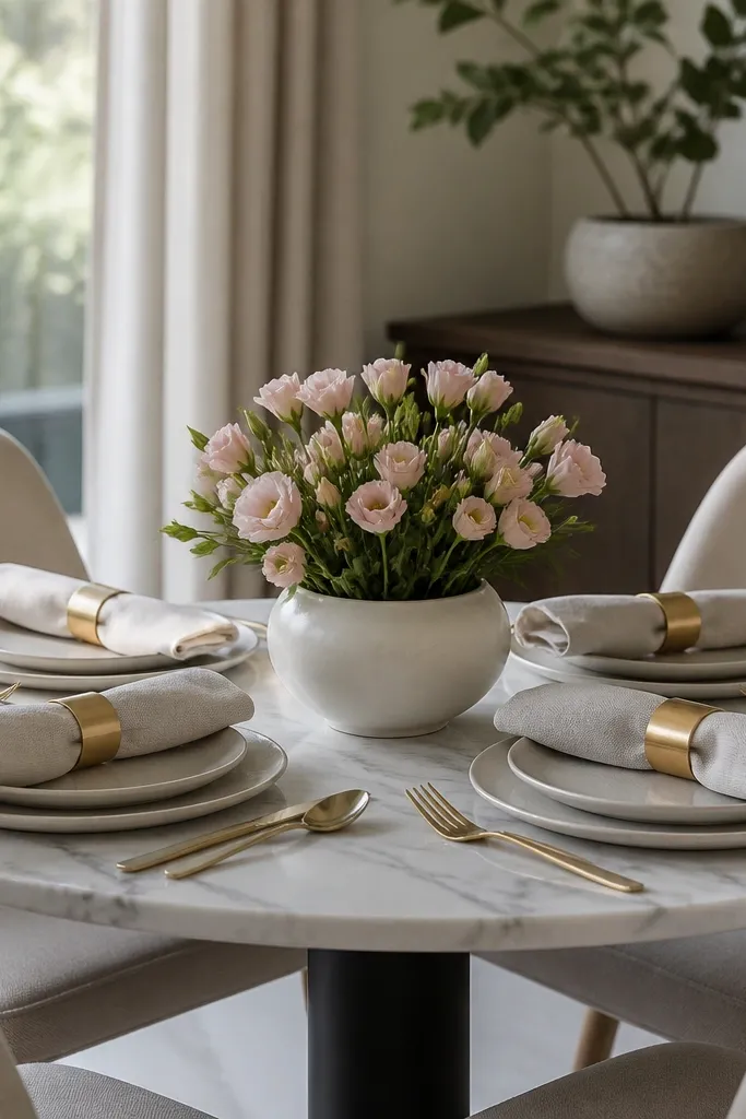 Linen napkins with simple rings and a low flower bowl centerpiece