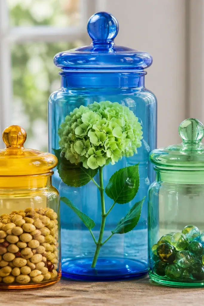 Two apothecary jars on tray with one main stem in the center