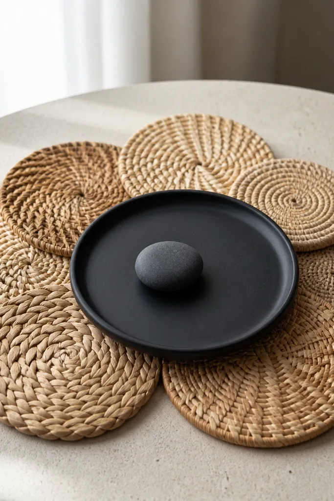 Cluster of woven coasters with a flat decorative tray in the center