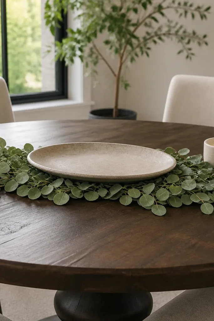 Low platter with faux eucalyptus leaves laid in a fan shape