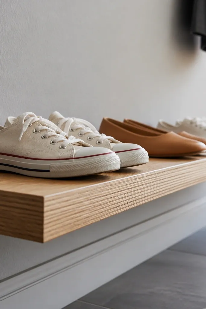 Two floating wooden shoe ledges with a clean gap for toes