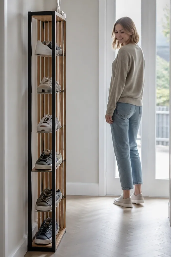 Tall cabinet-style shoe rack with vertical slats and open compartments