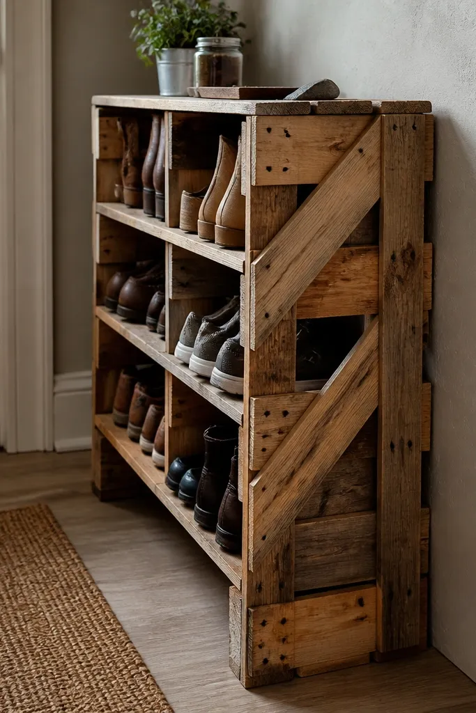 Pallet wood shoe rack with diagonal braces on the sides