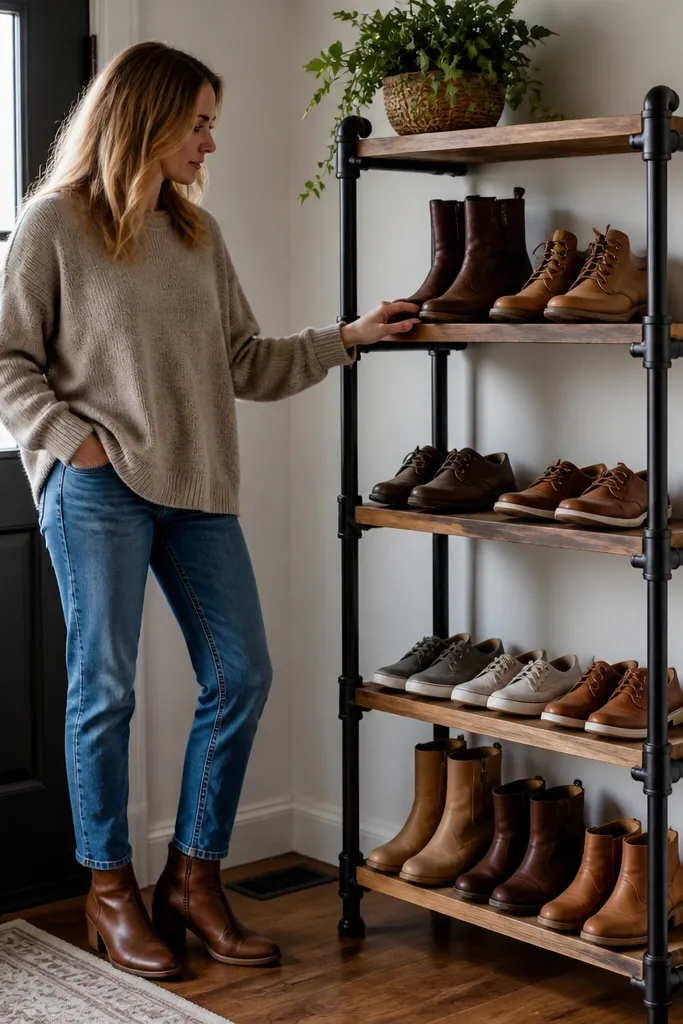 Black pipe frame with two wooden shelves for shoes