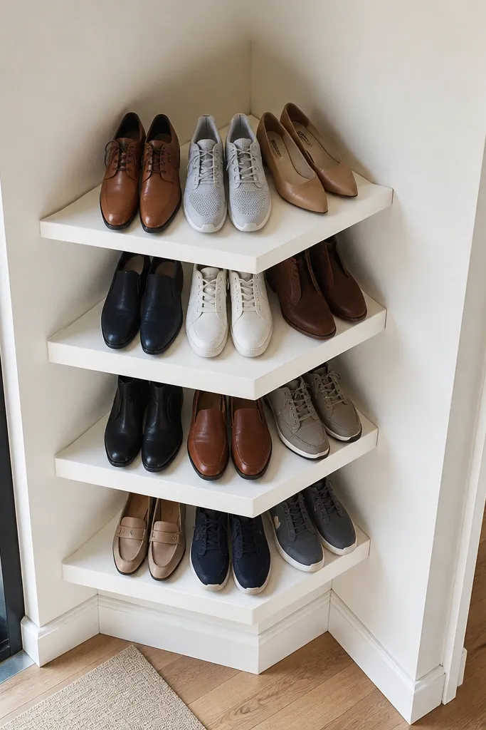 Triangular corner shoe rack with angled shelves