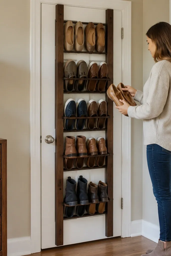 Over-door shoe rack with sturdy wood rails and multiple tiers