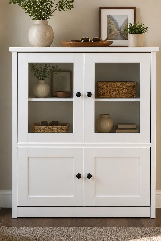 Shoe cabinet with glass top and closed lower compartments