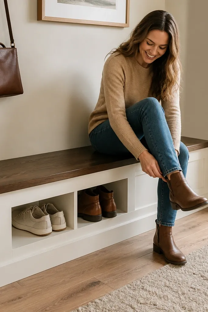 Upholstered bench with a lift-top opening for shoe storage