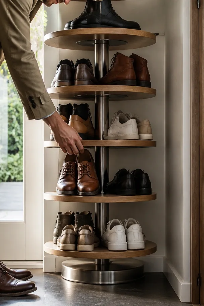 Round rotating shoe rack with multiple tiers around a central pole