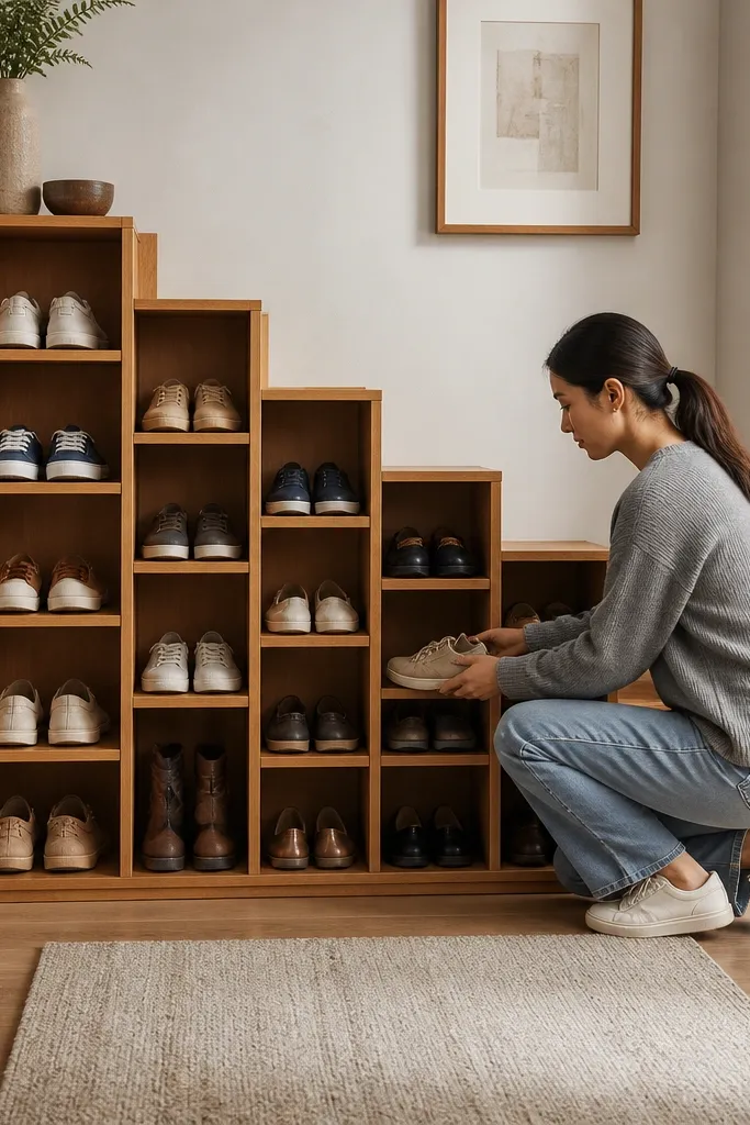 Bookcase-like shoe rack with stair-step tiers
