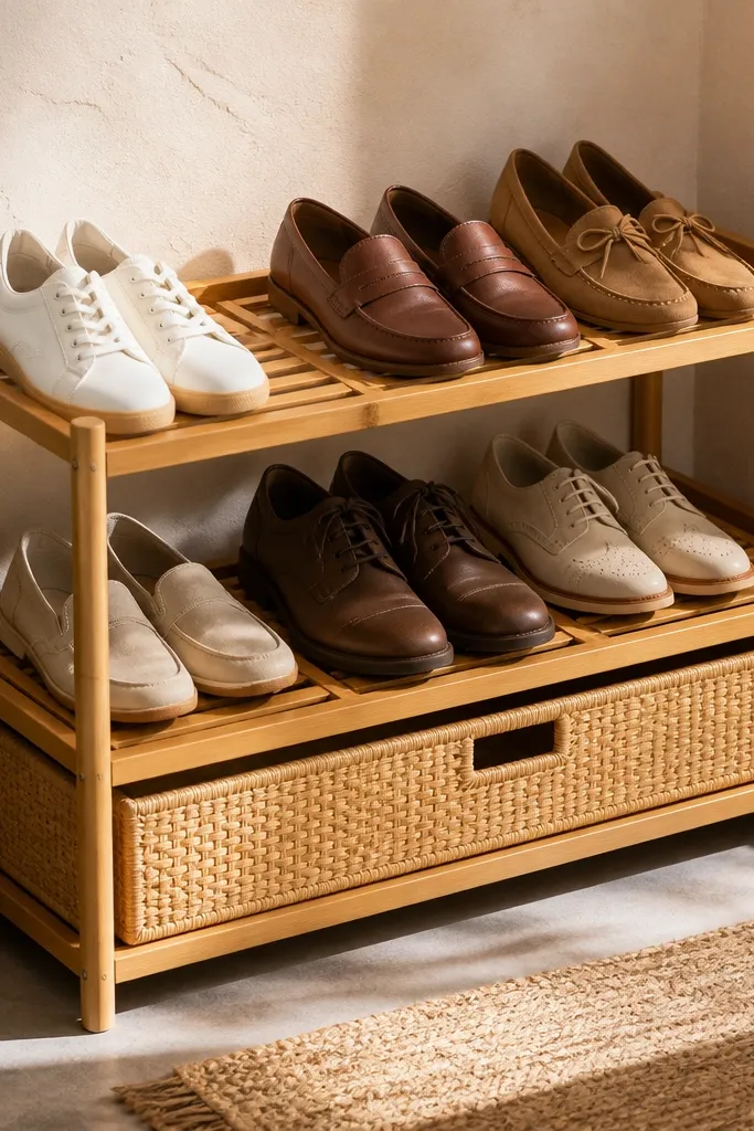 Bamboo slat shoe rack with a woven drawer below