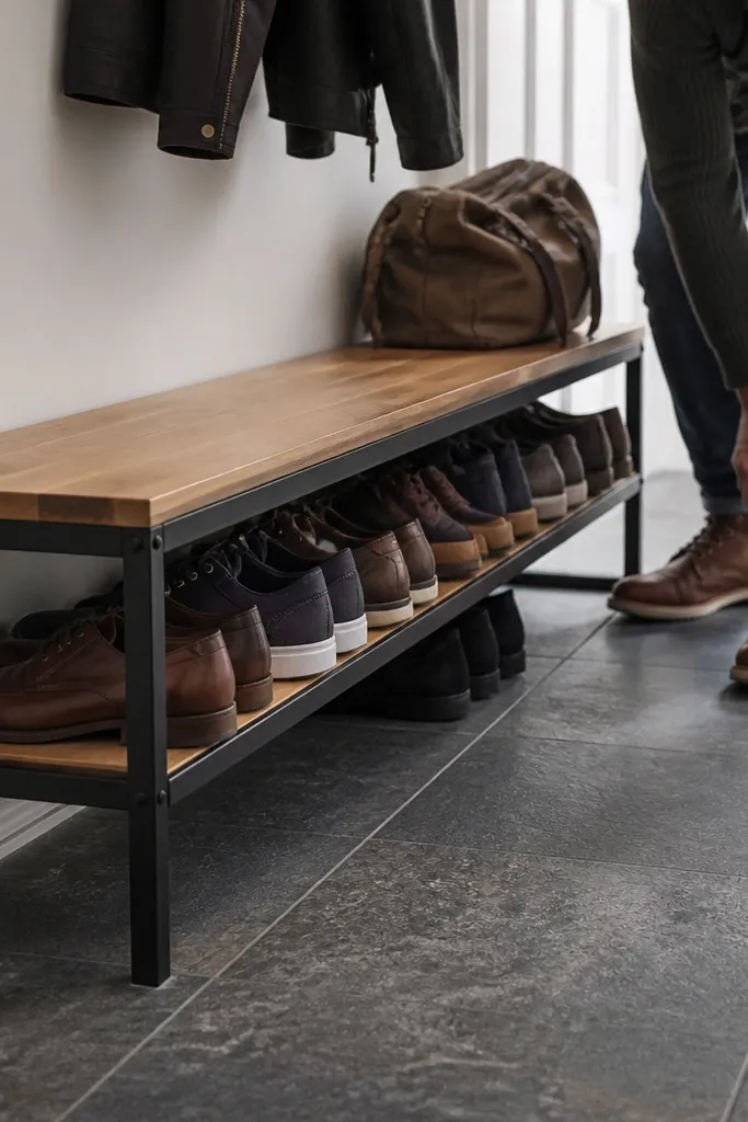 Metal frame with two wood shelves, styled like a narrow bench